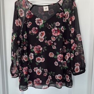 CAbi Black and Pink Floral Sheer Top